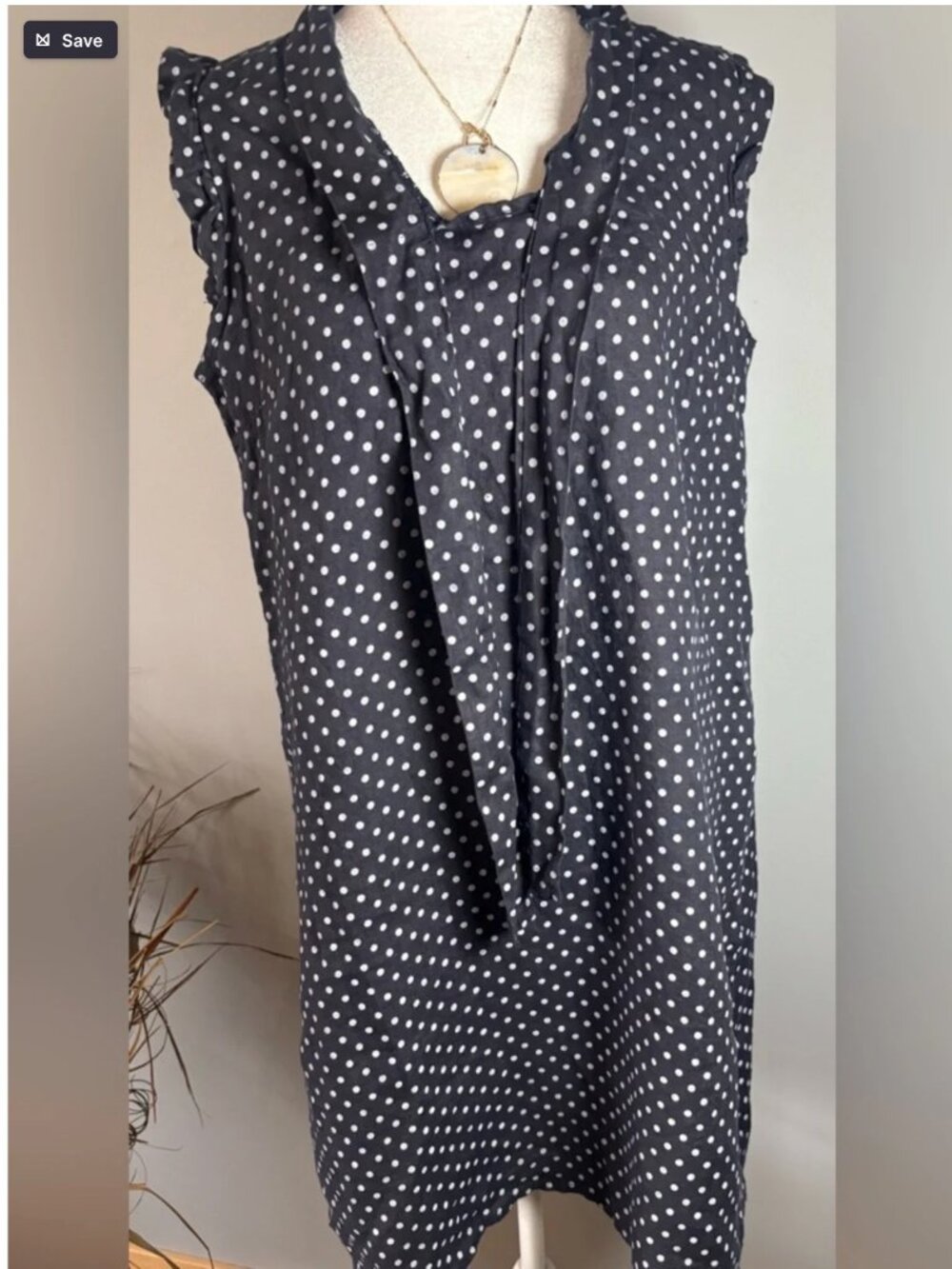 Bellambra Linen Dress Made in Italy Polka Dot Tie Neck Shift Dress M Navy
